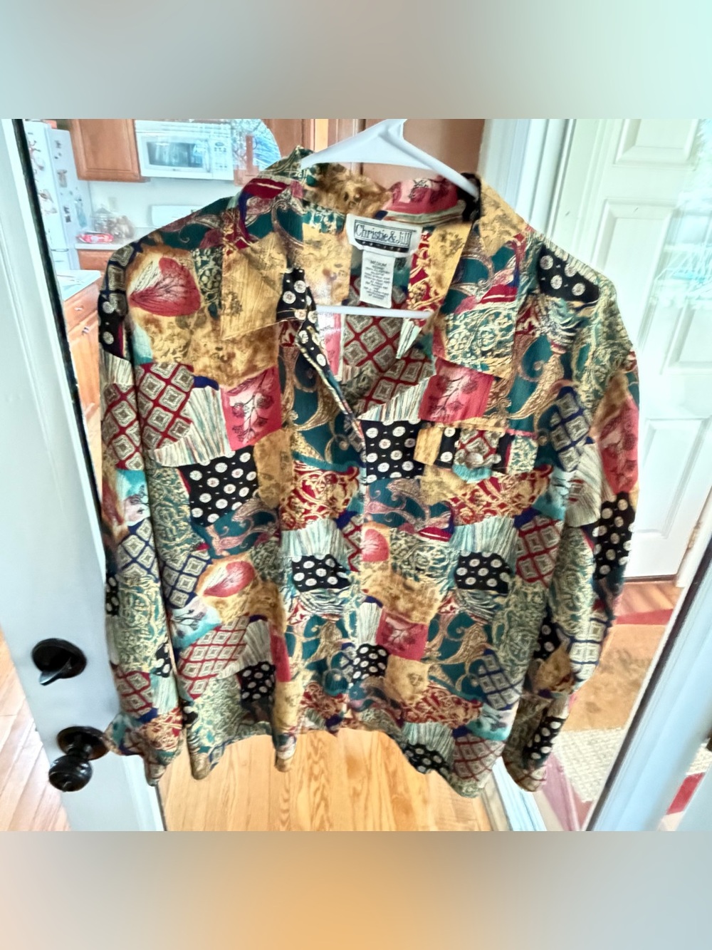 Vintage Christie & Jill Patchwork Print Button Up Blouse. Size Medium Petite